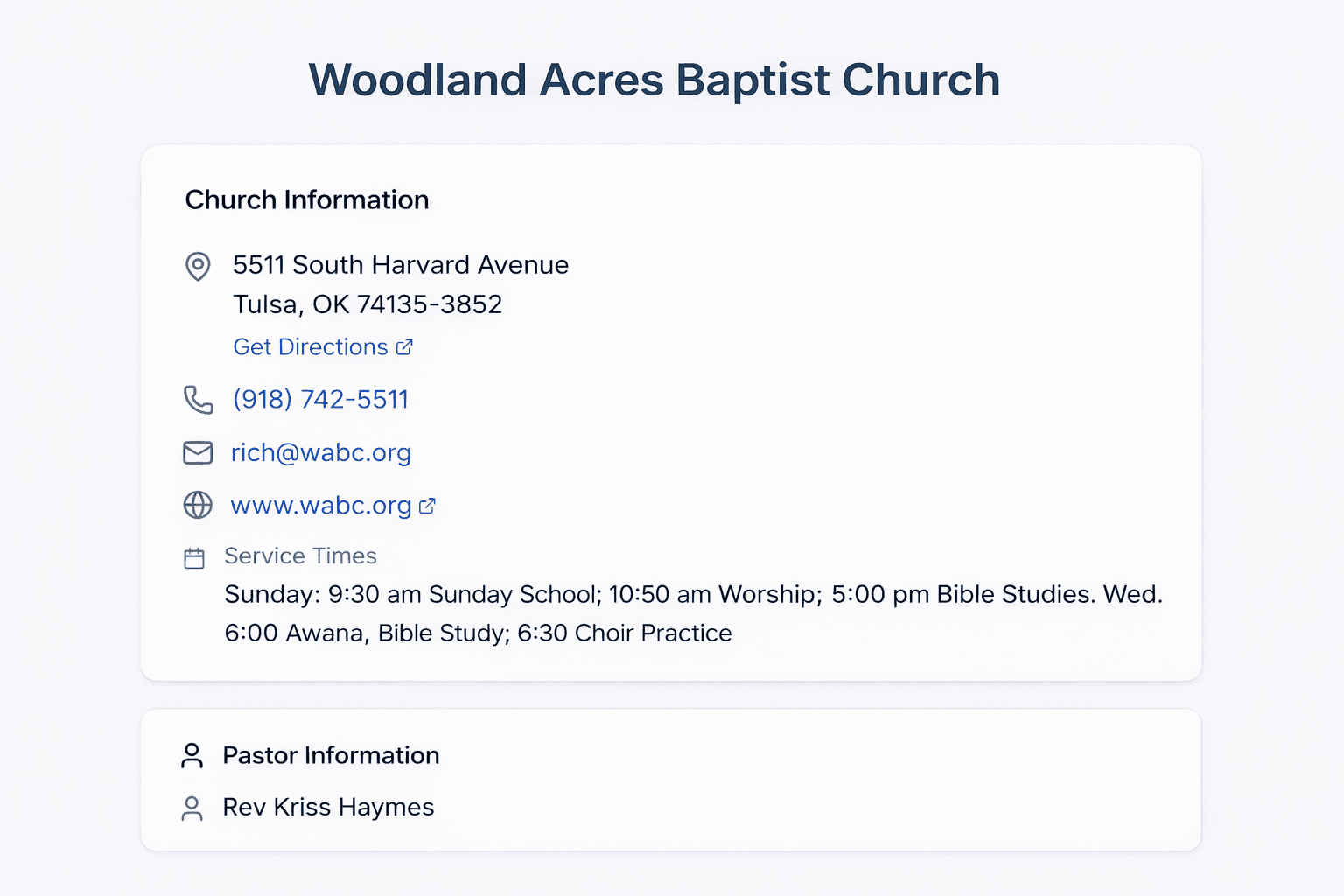 Detailed church information page for Woodland Acres Baptist Church showing full contact details and ministry information