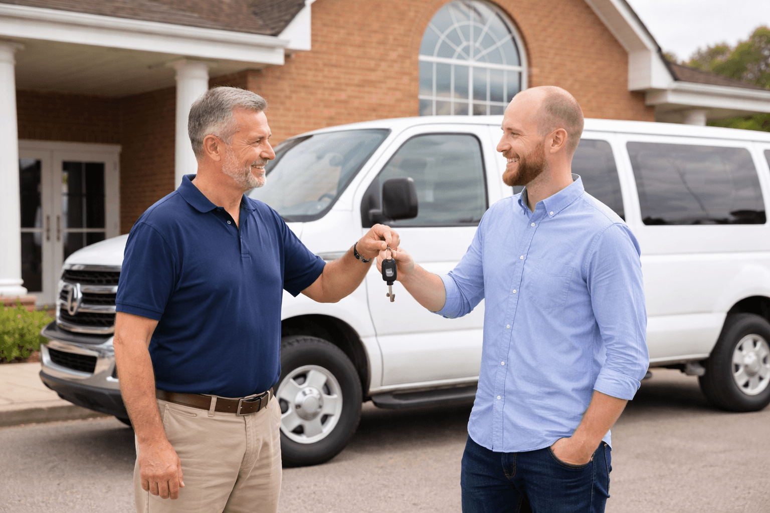 Two men at a church exchanging van keys in front of a white church van, representing resource sharing between churches