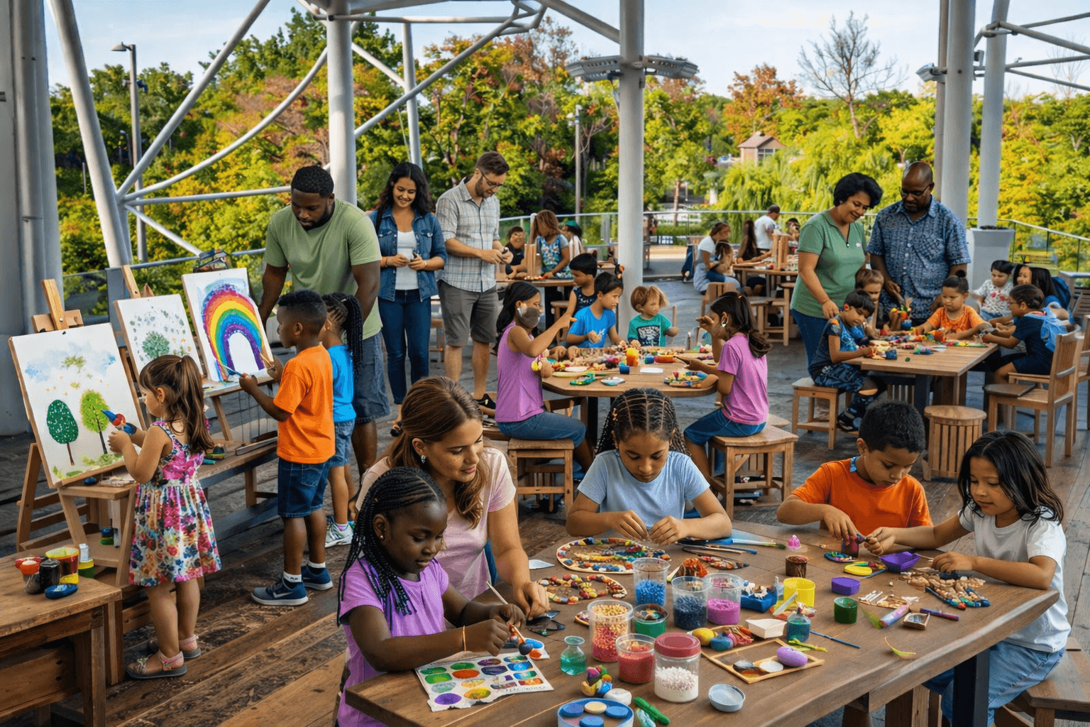 Families and children doing arts and crafts together at an outdoor community event, representing vibrant association-wide gatherings