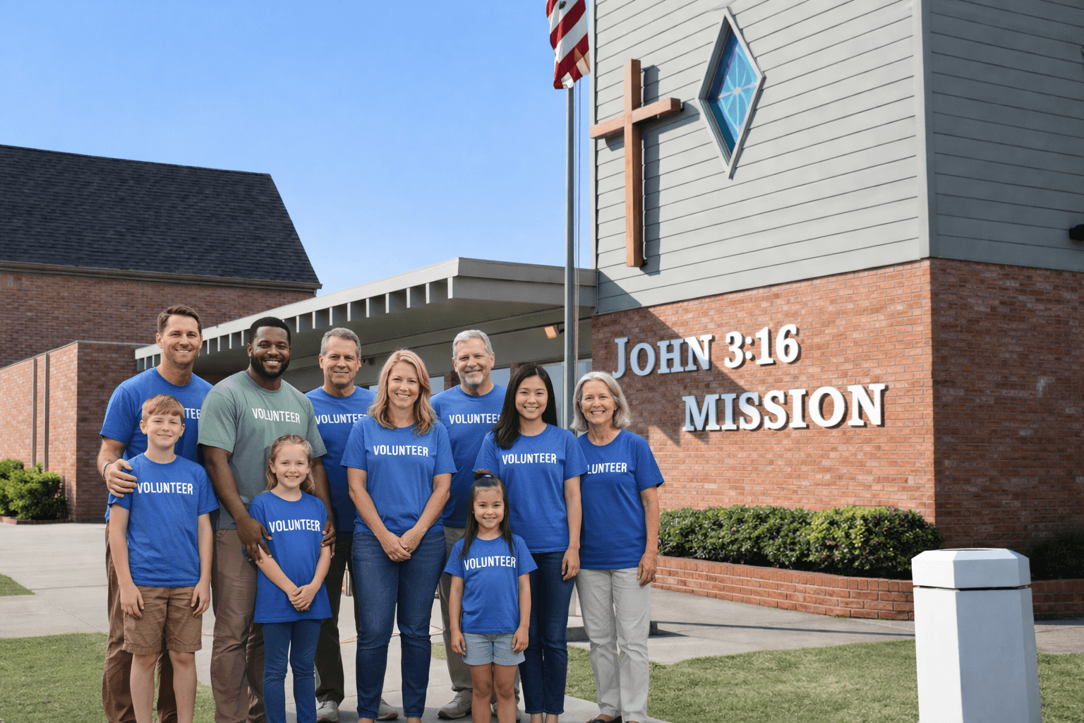 Diverse group of volunteers wearing blue VOLUNTEER t-shirts standing together in front of a church mission building, representing cross-church service